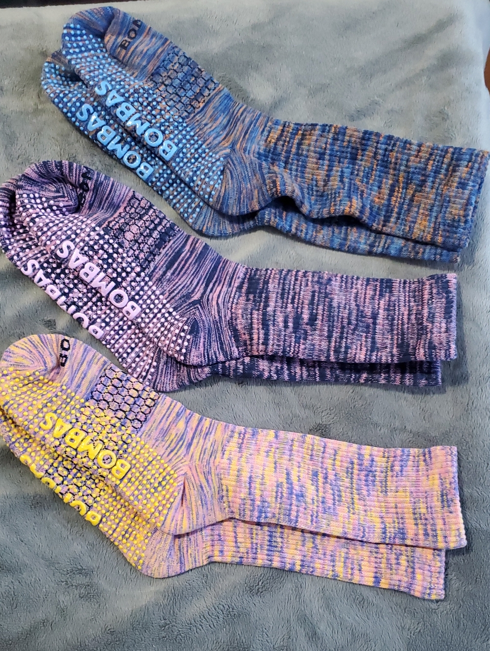 Bombas Half Calf Gripper Socks in Blue, Purple, Coral Space Dye